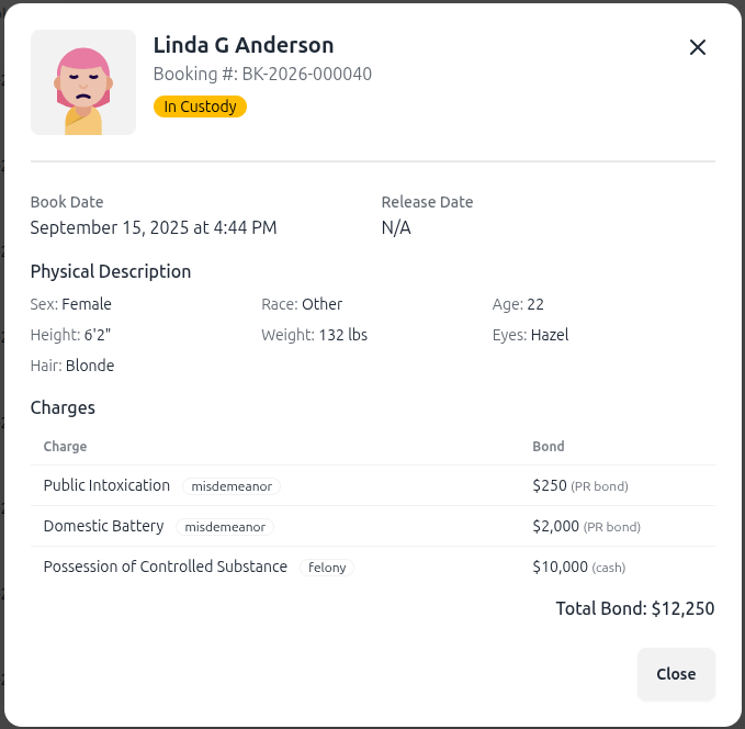 Person detail dialog showing charges and bond information