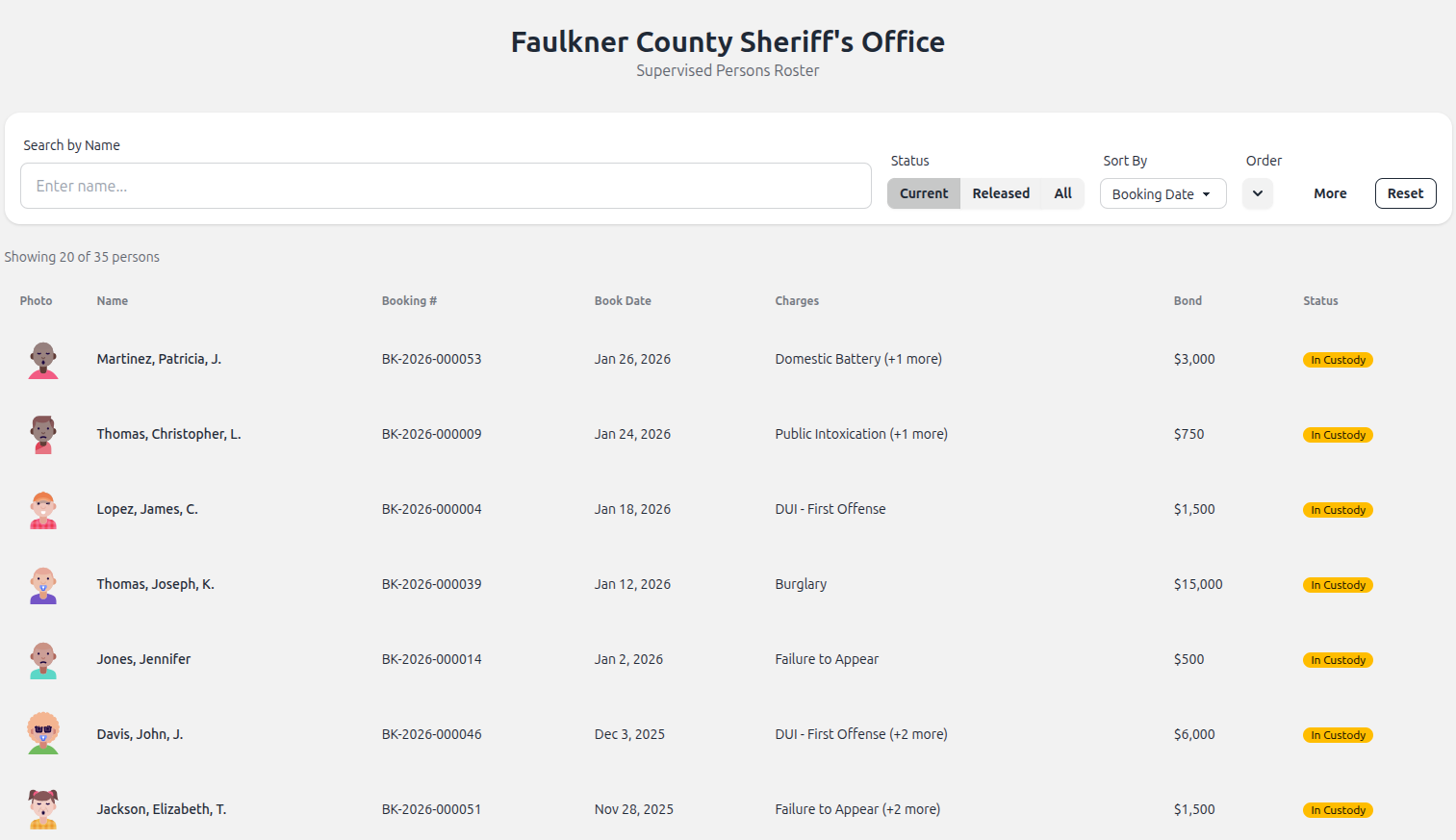 Public roster table view with search and filters